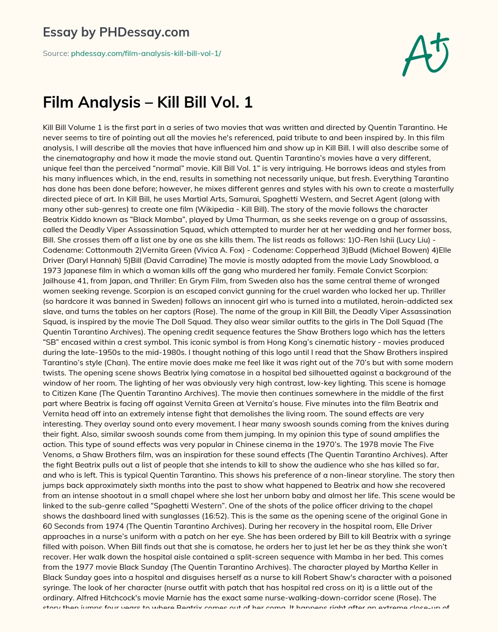 Film Analysis – Kill Bill Vol. 1 essay
