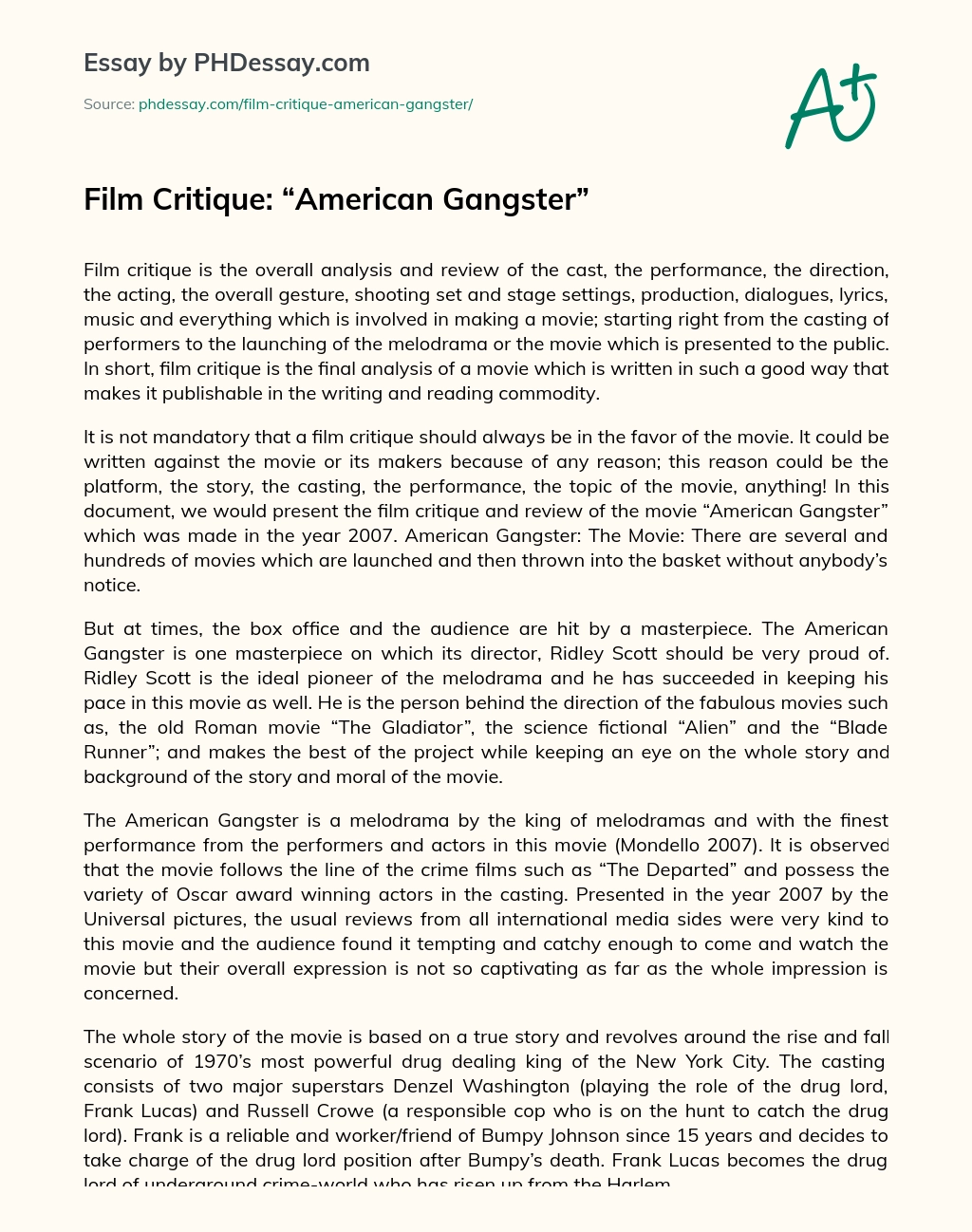 Film Critique: “American Gangster” essay