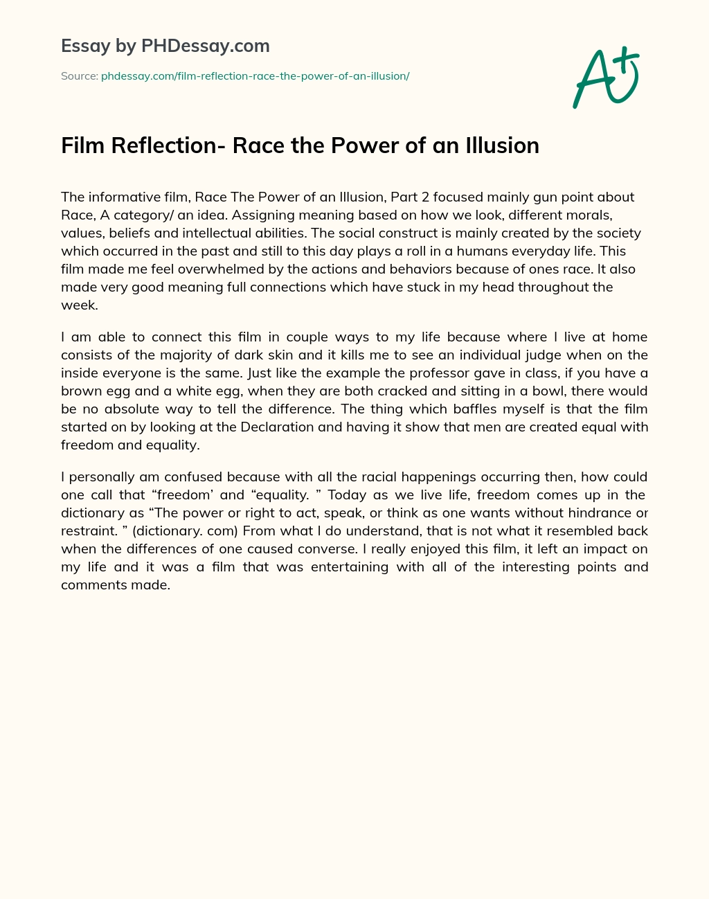 Film Reflection- Race the Power of an Illusion essay