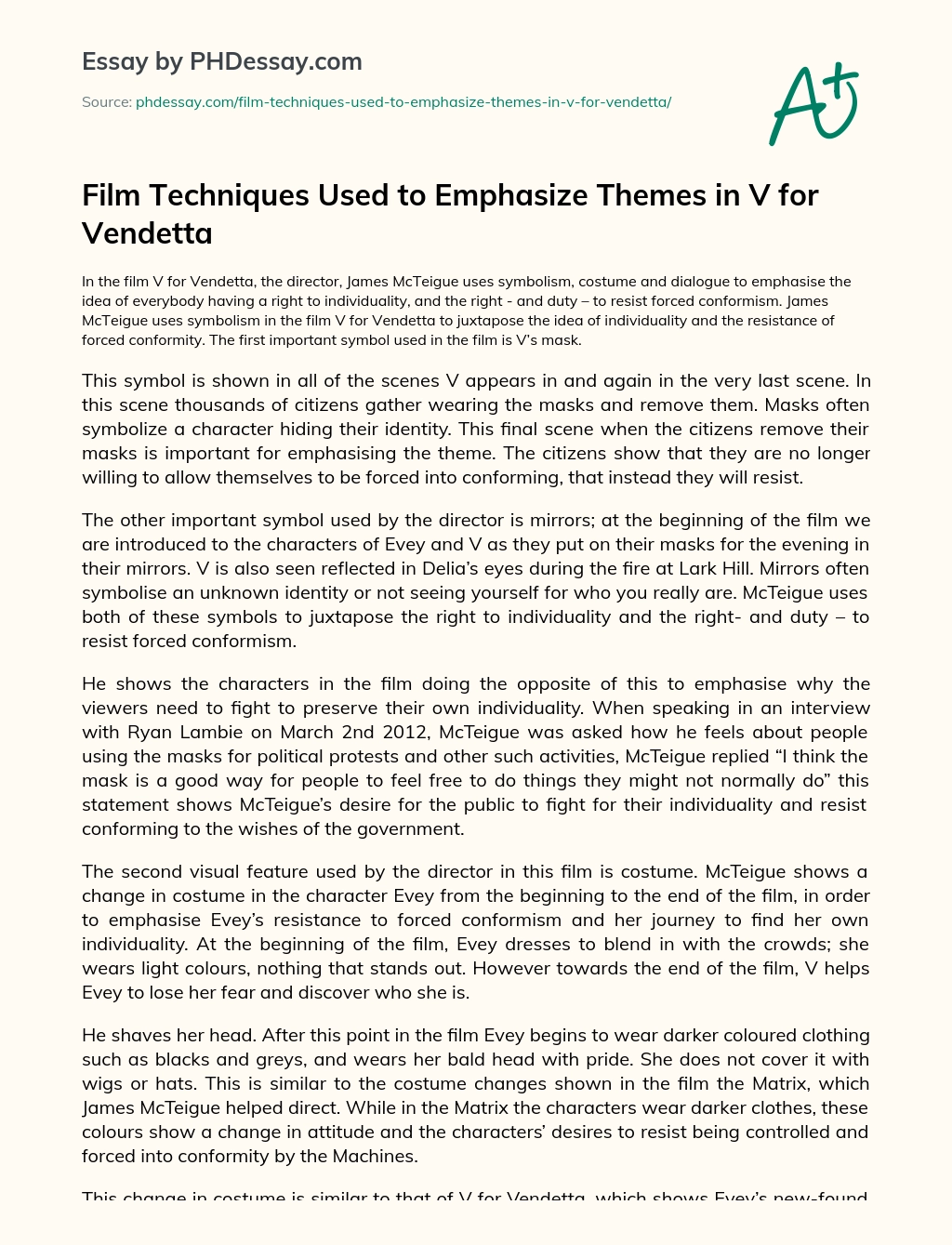 Film Techniques Used to Emphasize Themes in V for Vendetta essay