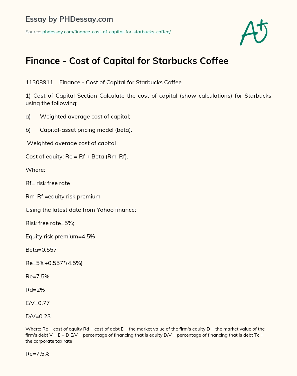 Finance – Cost of Capital for Starbucks Coffee essay