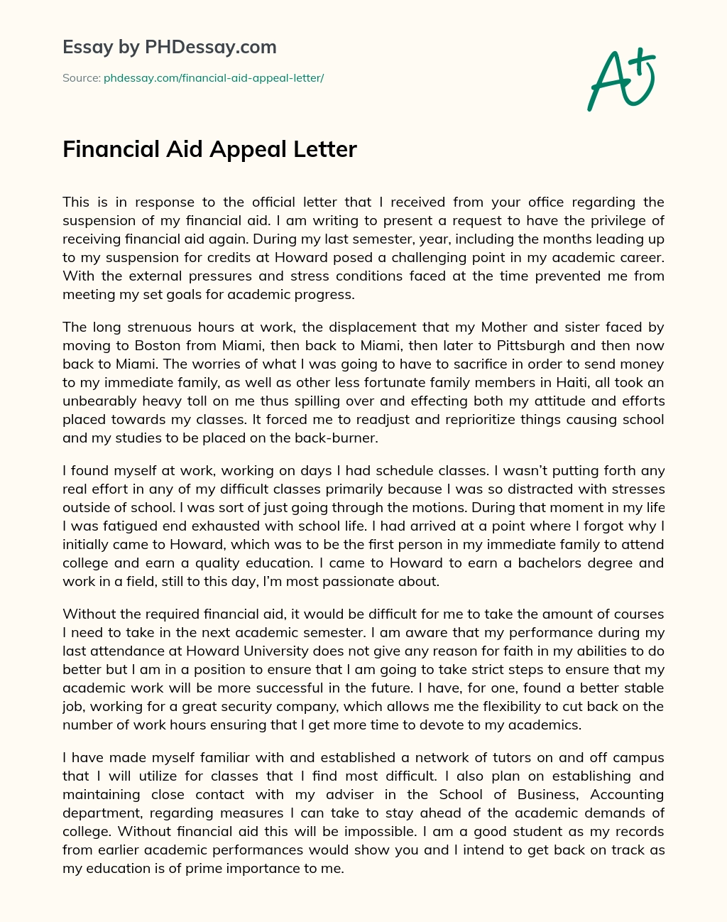 Financial Aid Appeal Letter - PHDessay.com Intended For Financial Aid Appeal Letter Template