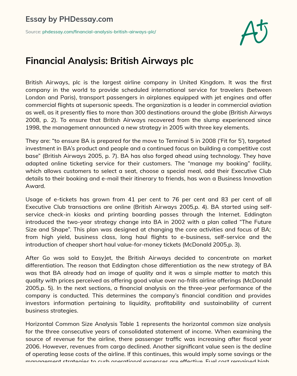 Financial Analysis: British Airways plc essay