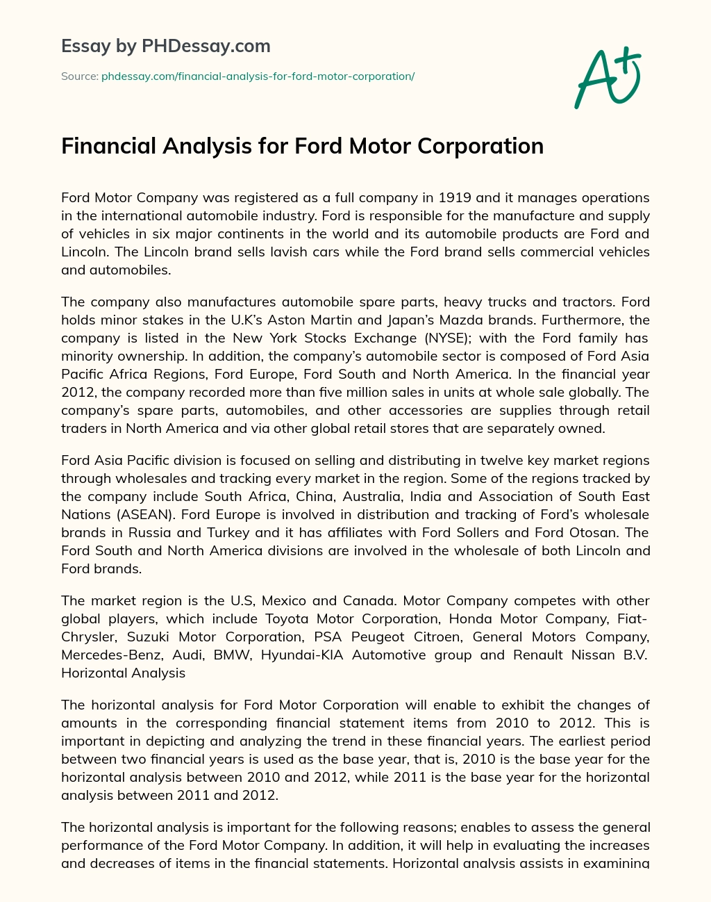 Financial Analysis for Ford Motor Corporation essay