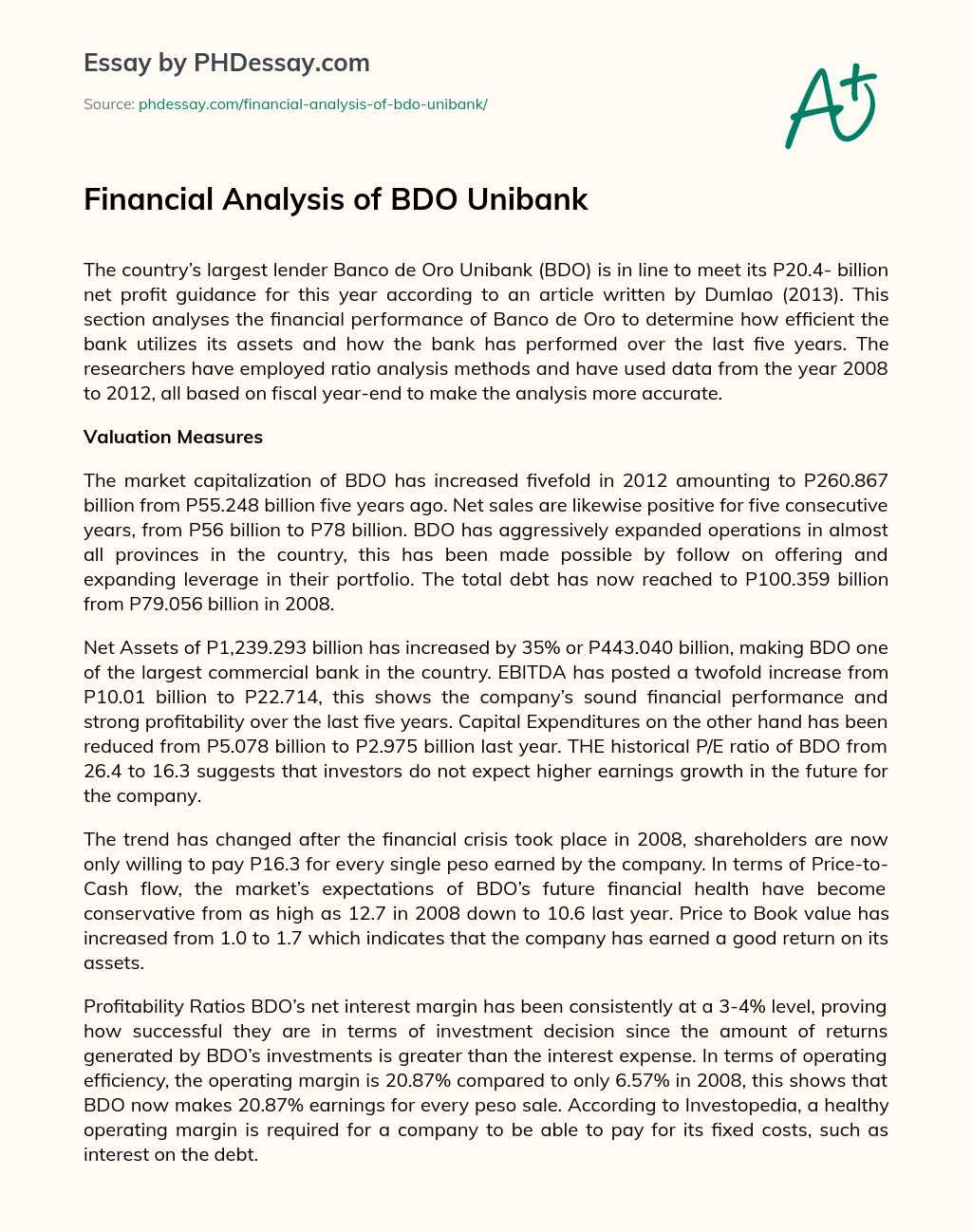 Financial Analysis of BDO Unibank essay