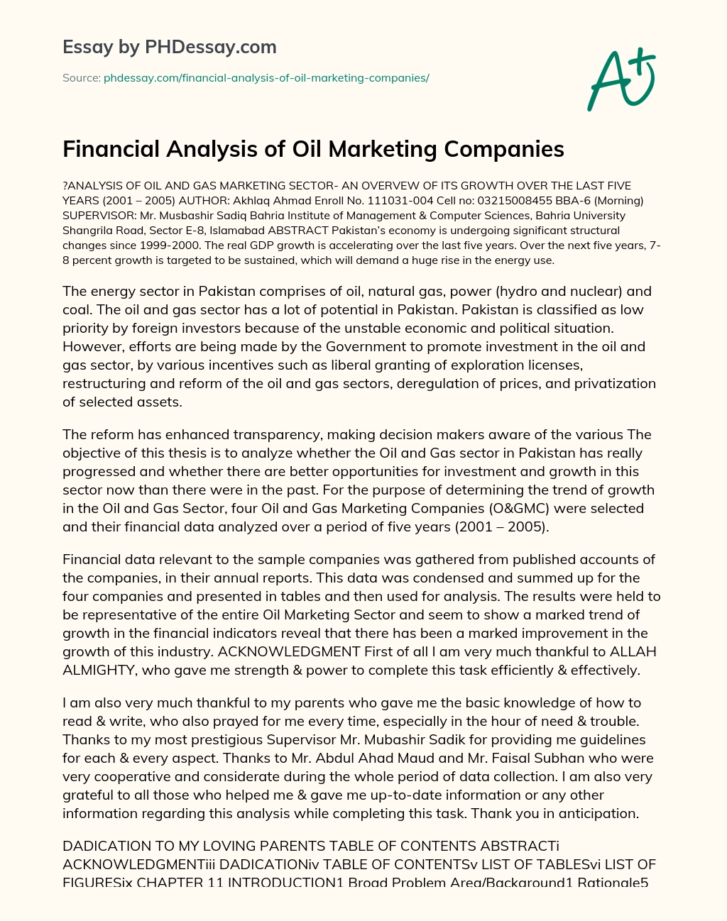 Financial Analysis of Oil Marketing Companies essay