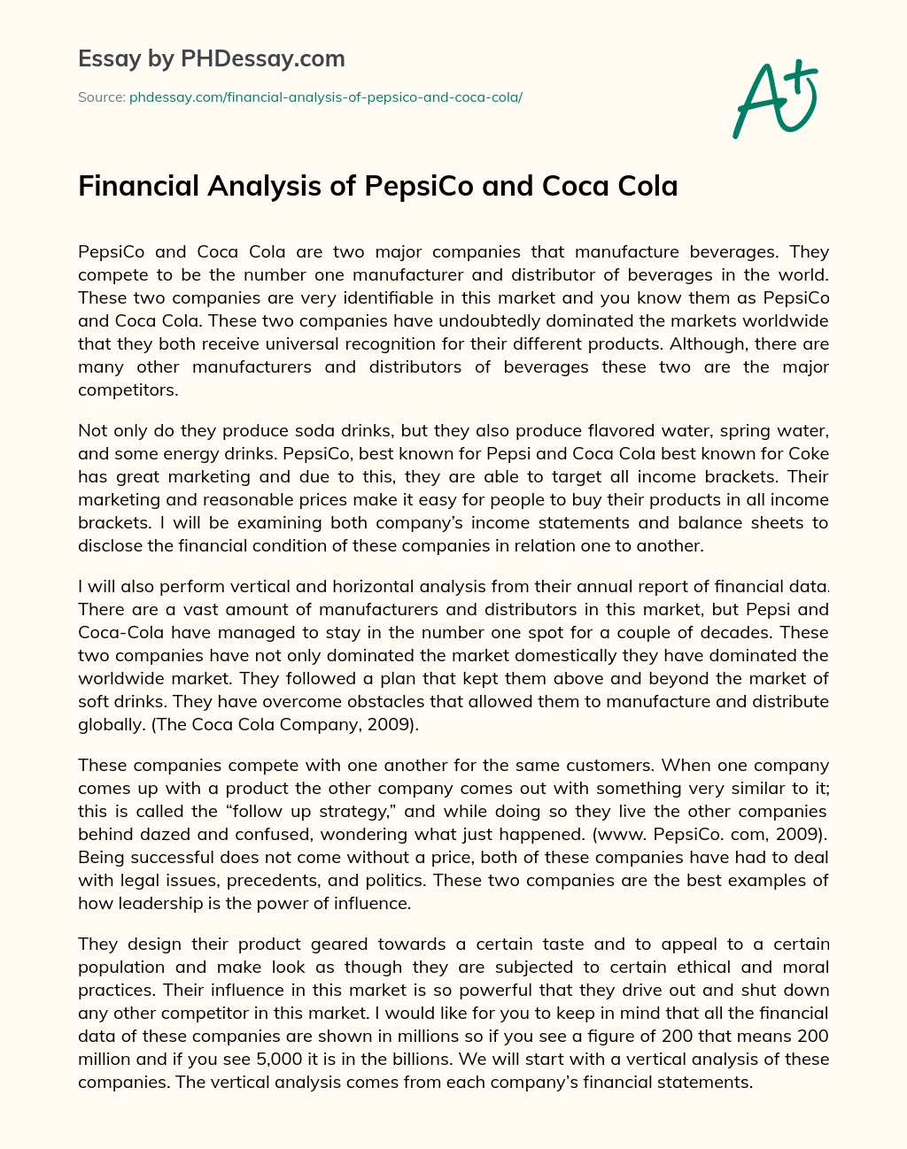 Financial Analysis of PepsiCo and Coca Cola essay