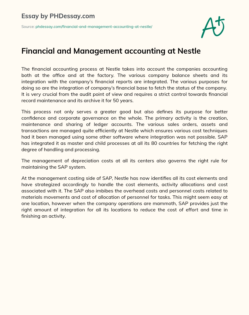 Financial and Management accounting at Nestle essay