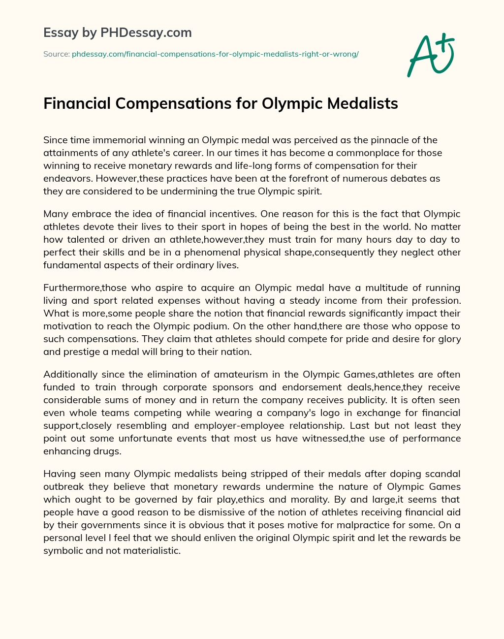 Financial Compensations for Olympic Medalists essay