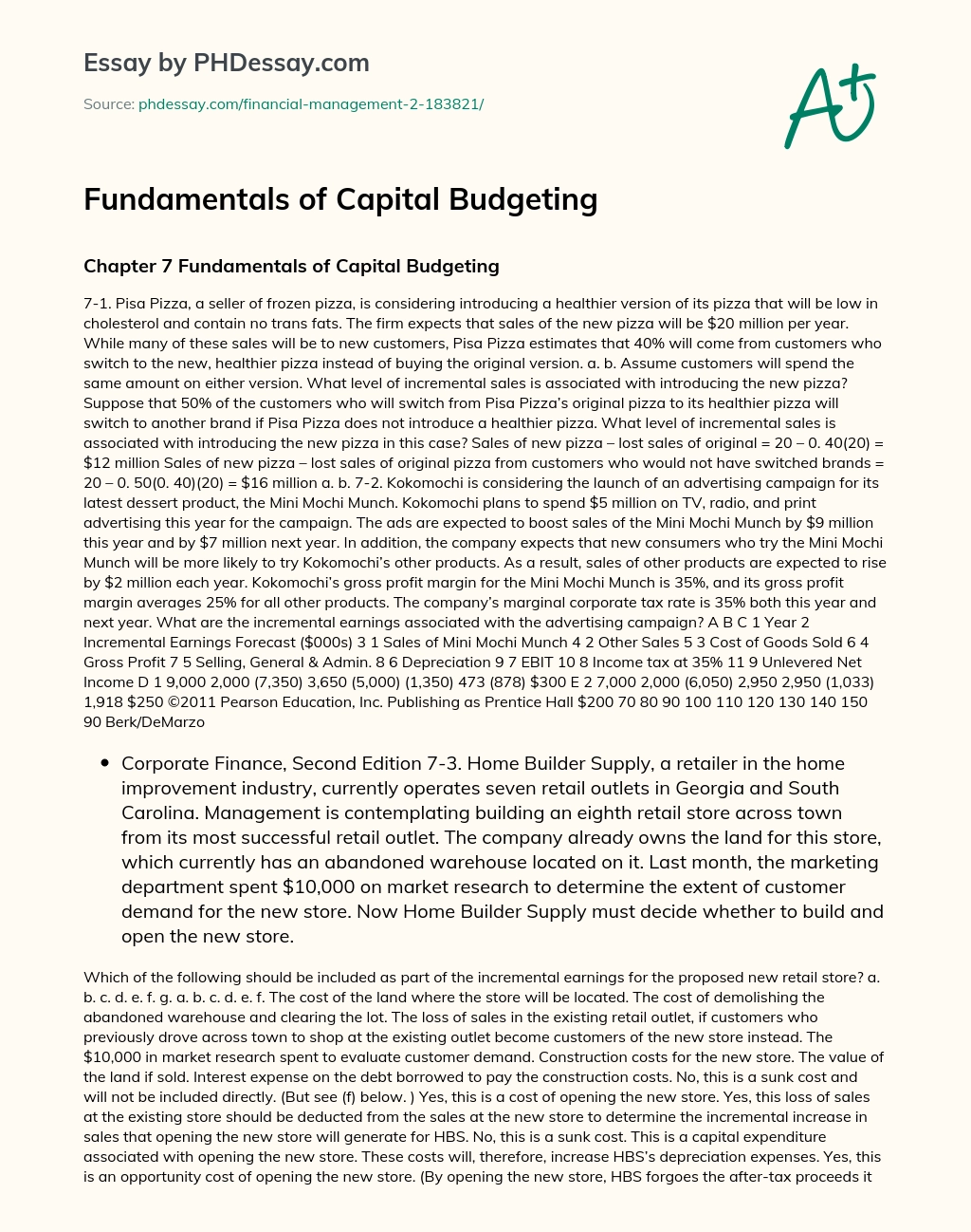 Fundamentals of Capital Budgeting essay