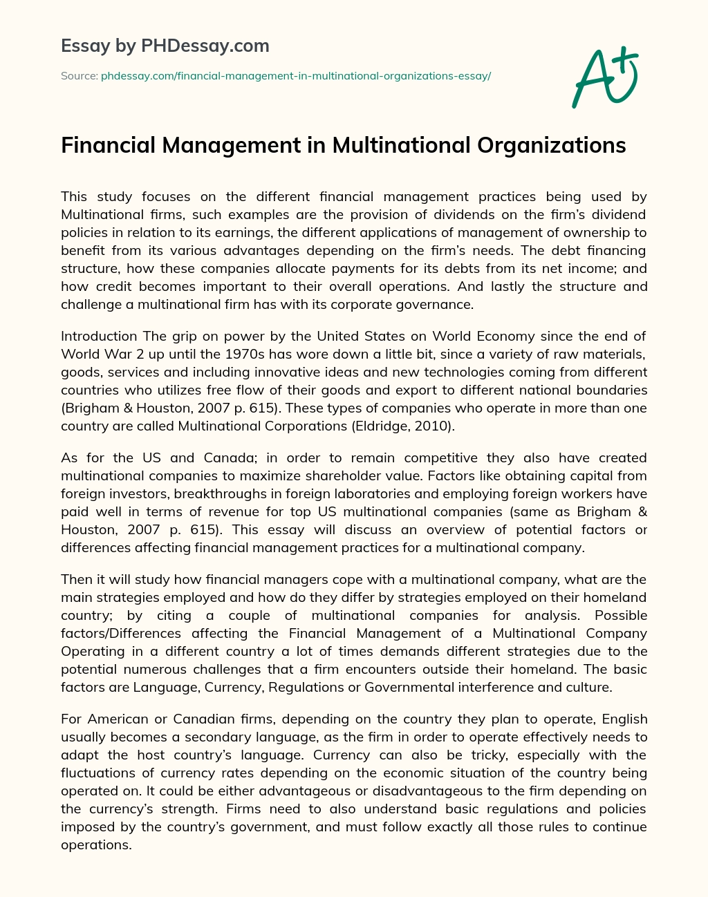 Financial Management in Multinational Organizations essay