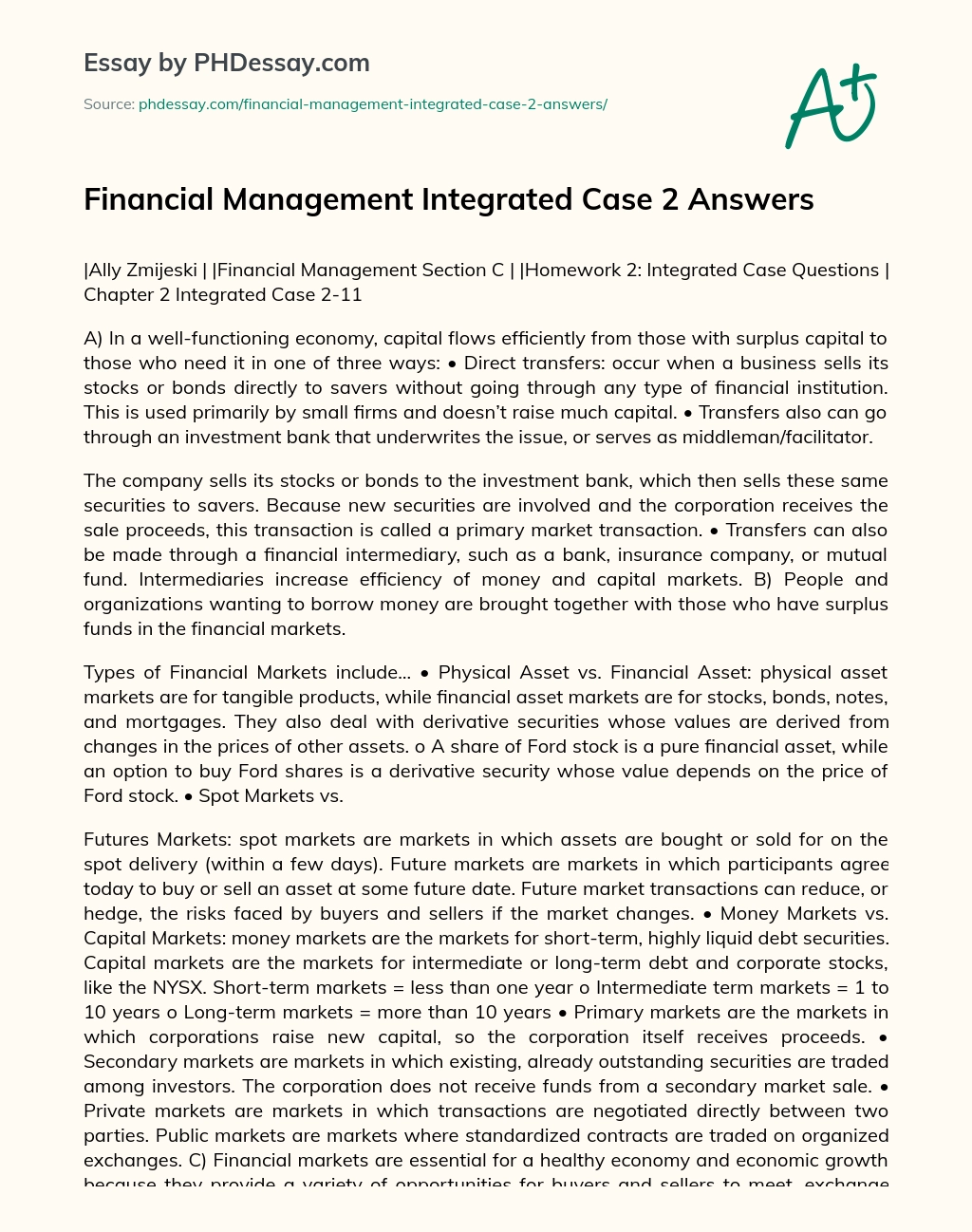 Financial Management Integrated Case 2 Answers essay