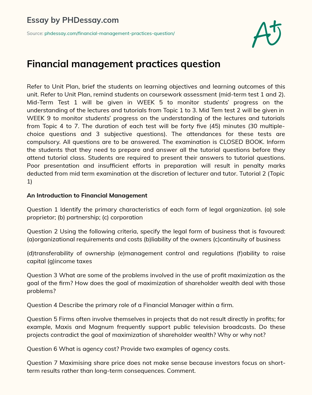 Financial management practices question essay