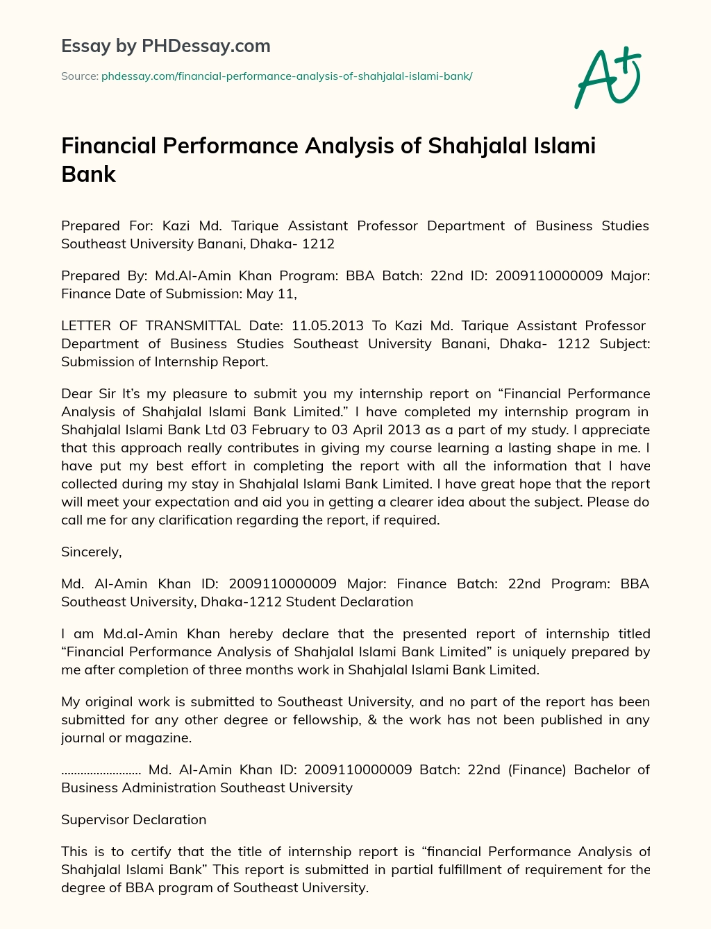 Financial Performance Analysis of Shahjalal Islami Bank essay