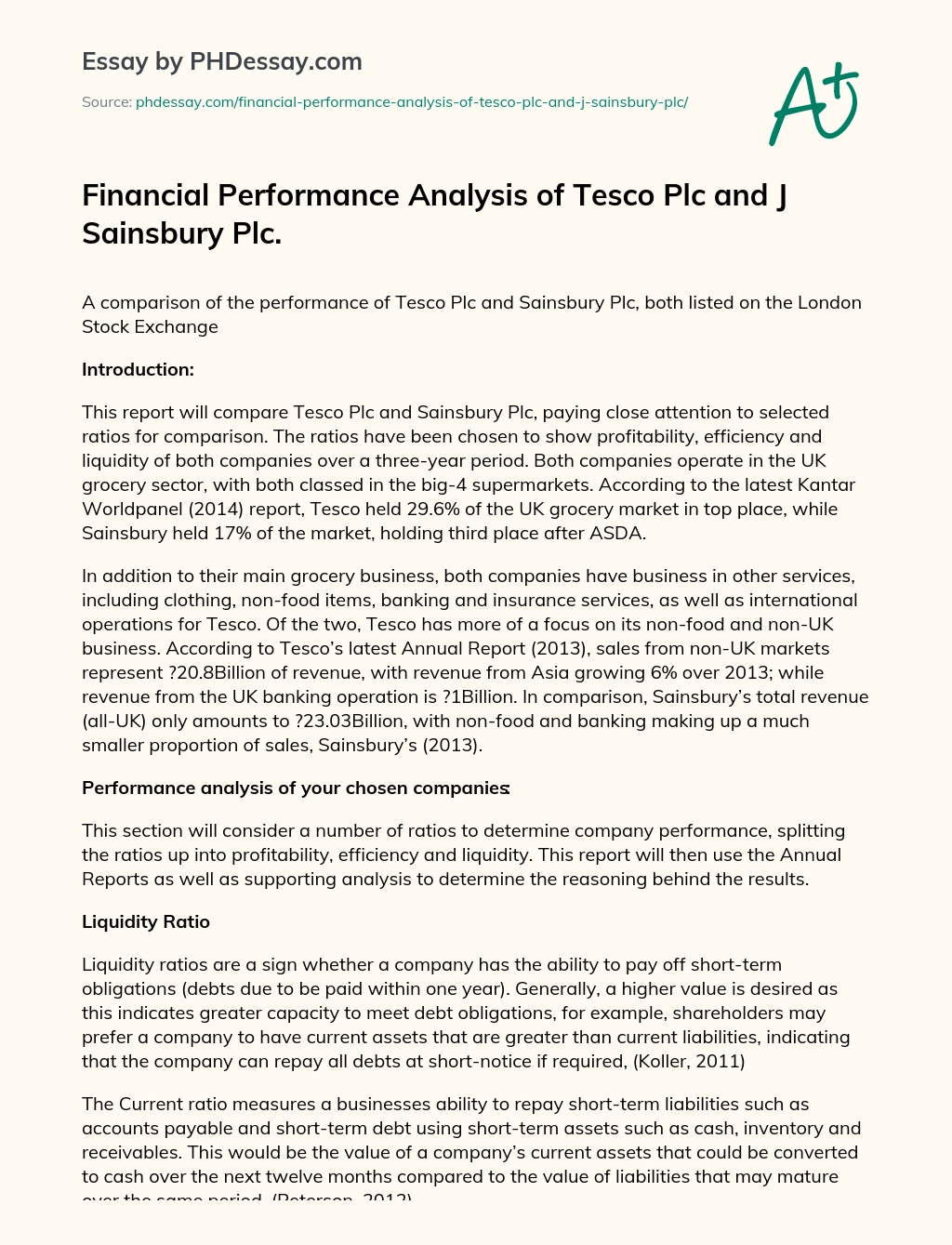 Financial Performance Analysis of Tesco Plc and J Sainsbury Plc. essay