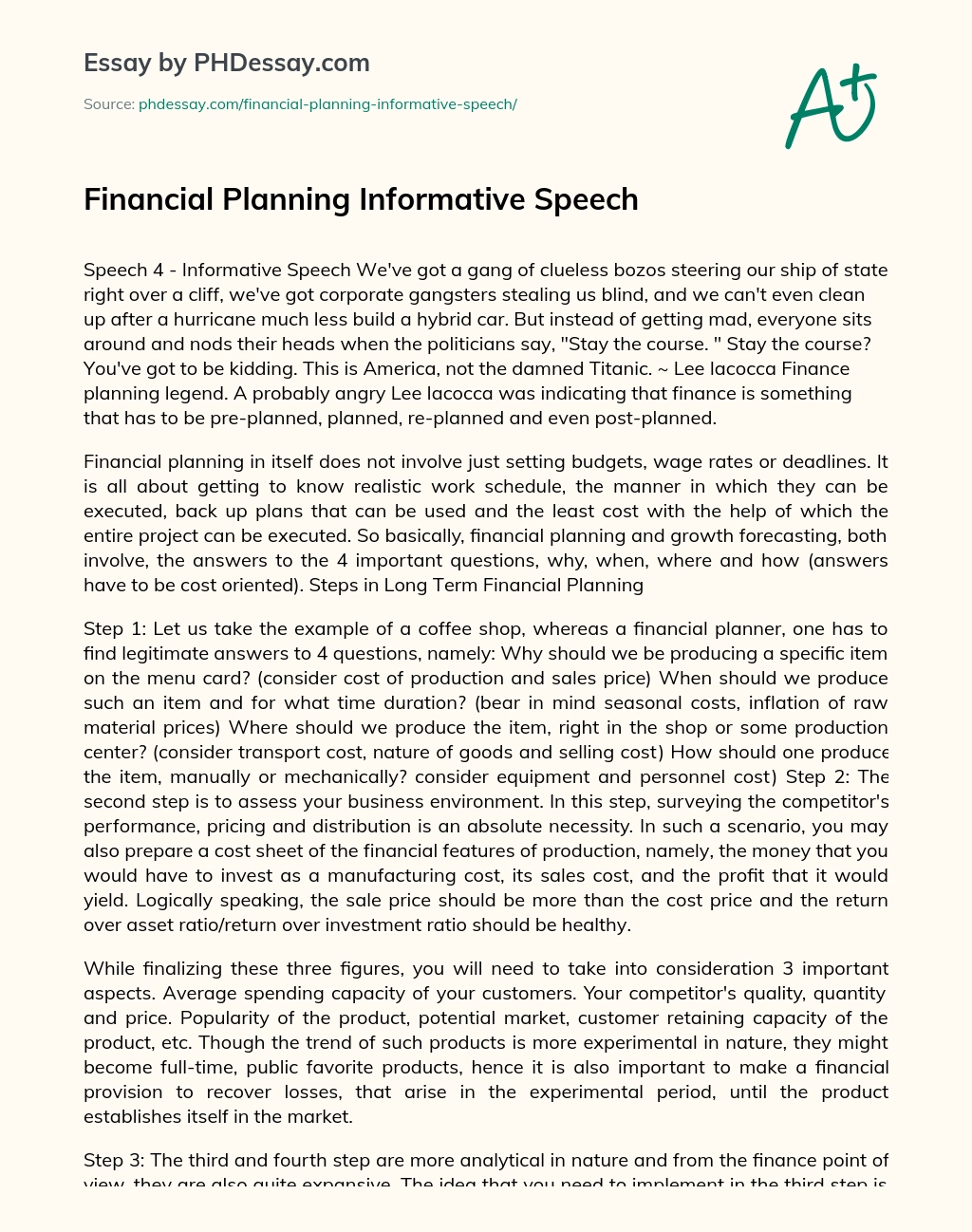 Financial Planning Informative Speech essay