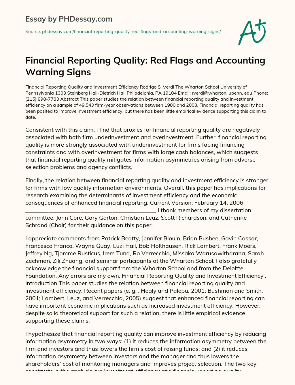 Financial Reporting Quality: Red Flags and Accounting Warning Signs essay