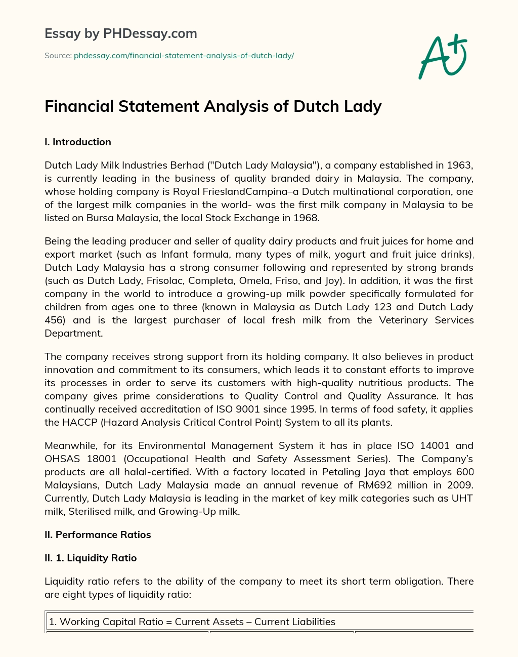 Financial Statement Analysis of Dutch Lady essay