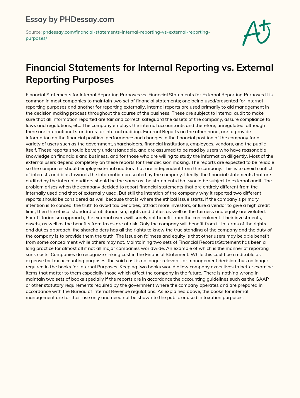 Financial Statements for Internal Reporting vs. External Reporting Purposes essay