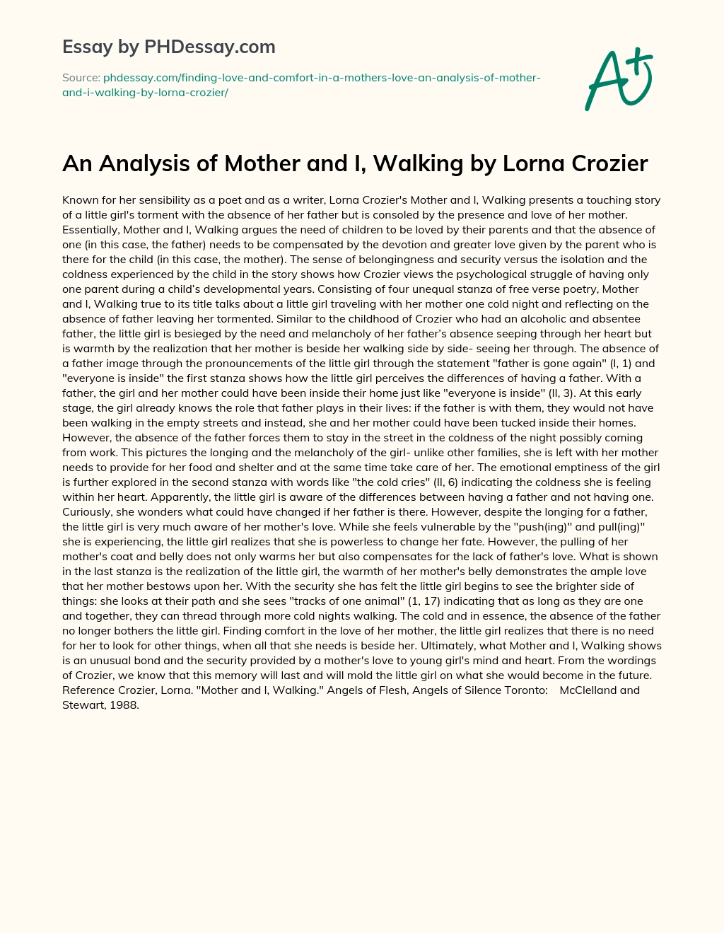 An Analysis of Mother and I, Walking by Lorna Crozier essay