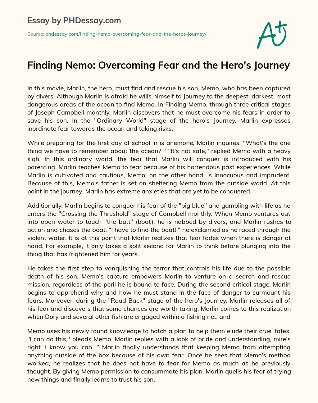 Finding Nemo: Overcoming Fear and the Hero’s Journey essay