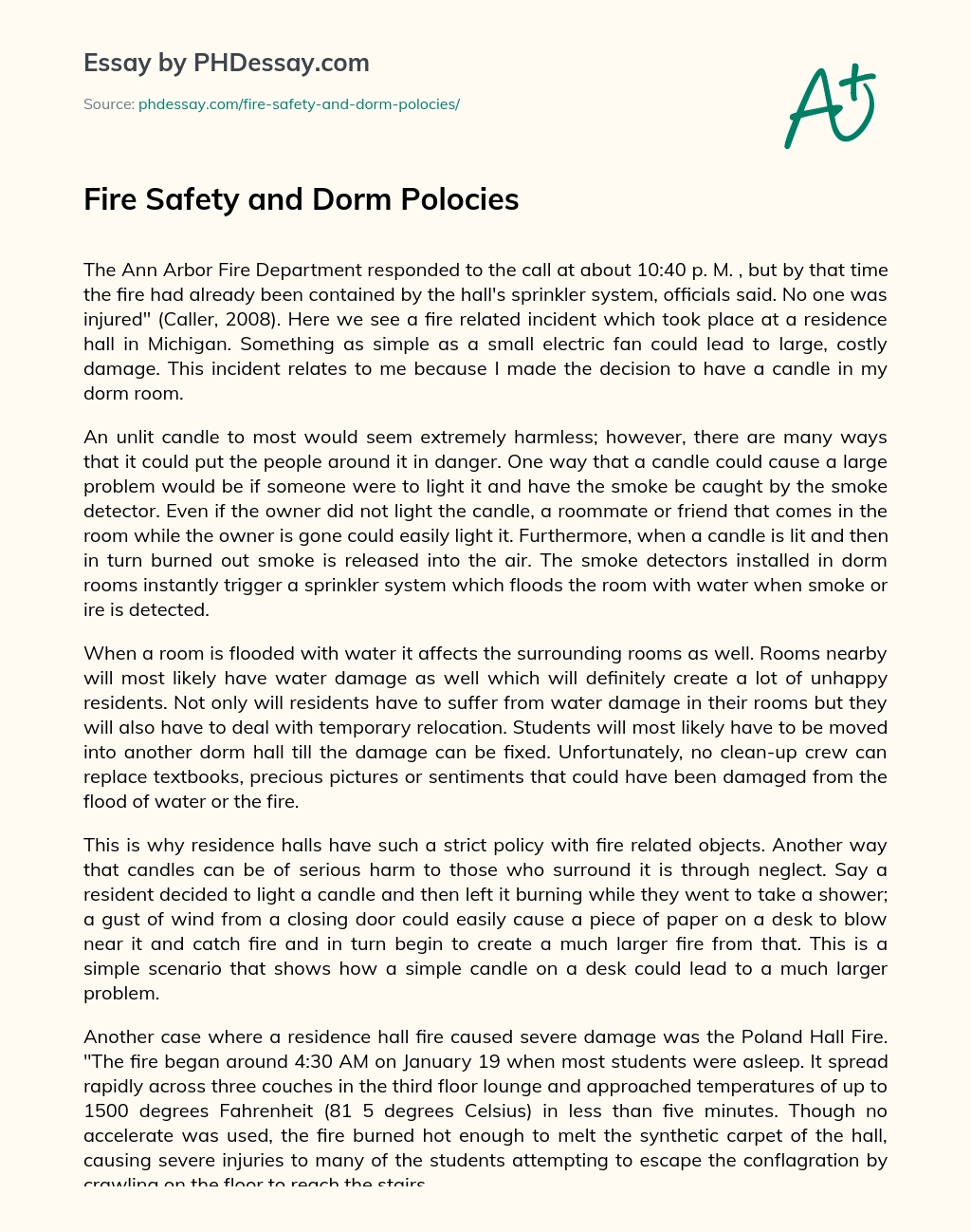 Fire Safety and Dorm Polocies essay