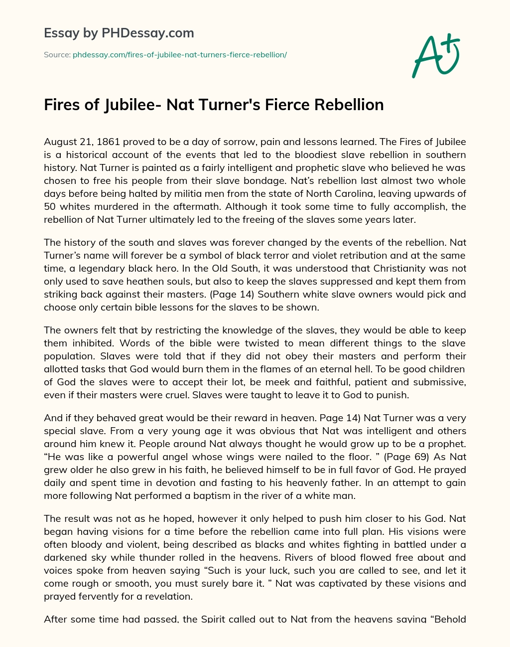 Fires of Jubilee- Nat Turner’s Fierce Rebellion essay