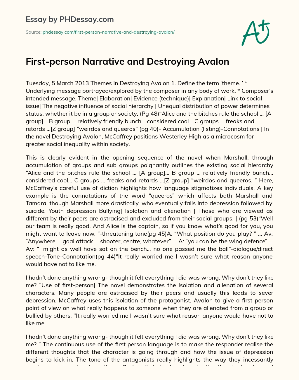 First-person Narrative and Destroying Avalon essay