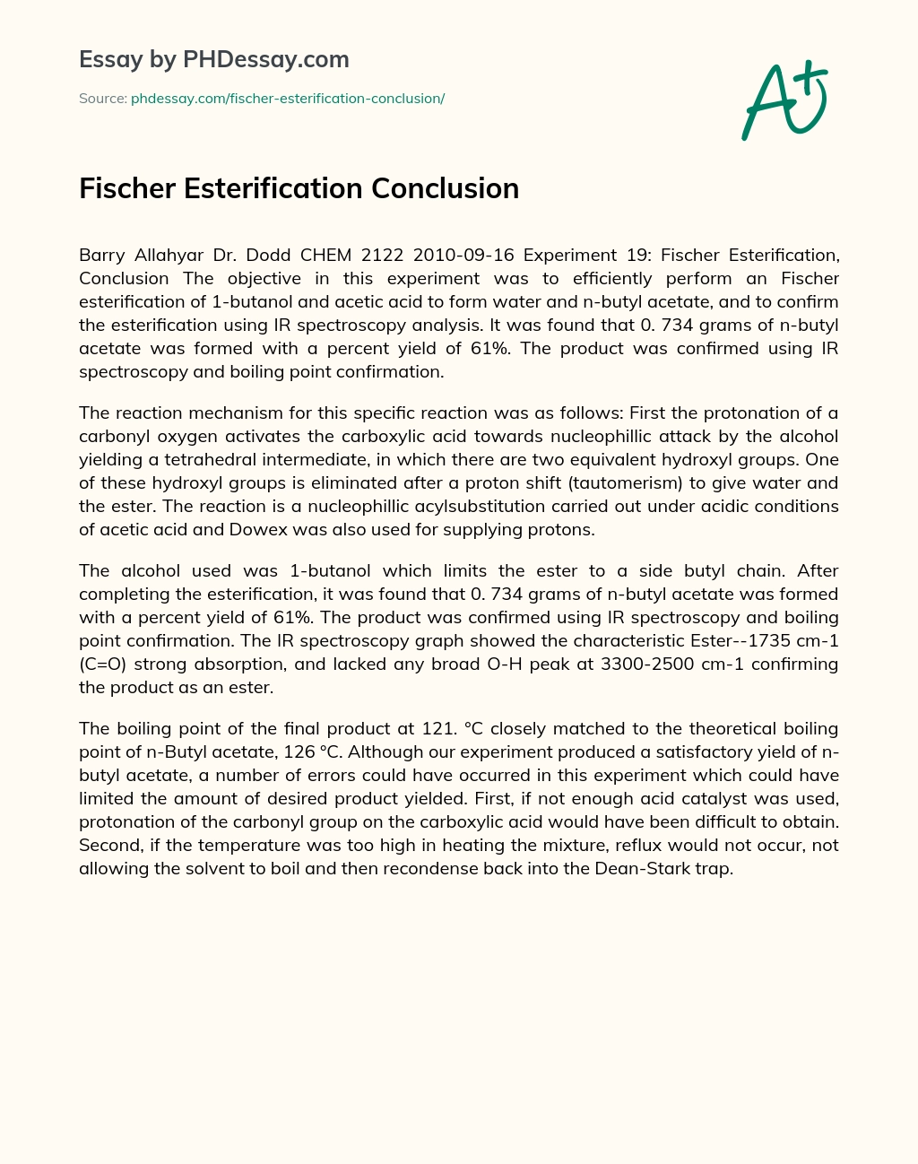 Fischer Esterification Conclusion essay
