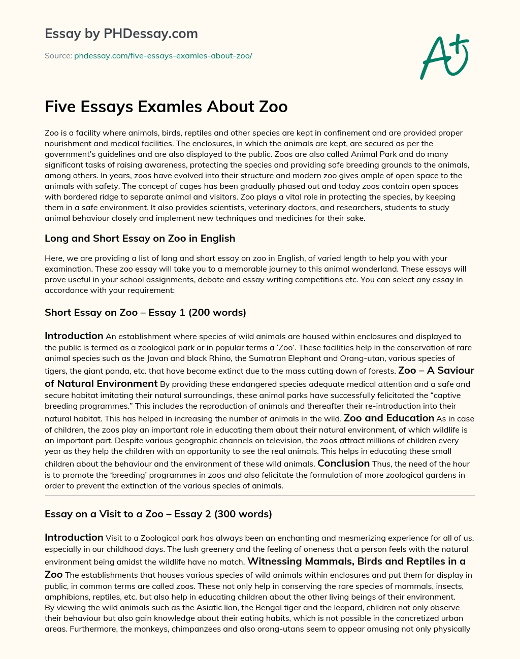 Five Essays Examles About Zoo Thesis Sample - 200, 300, 500 Words -  
