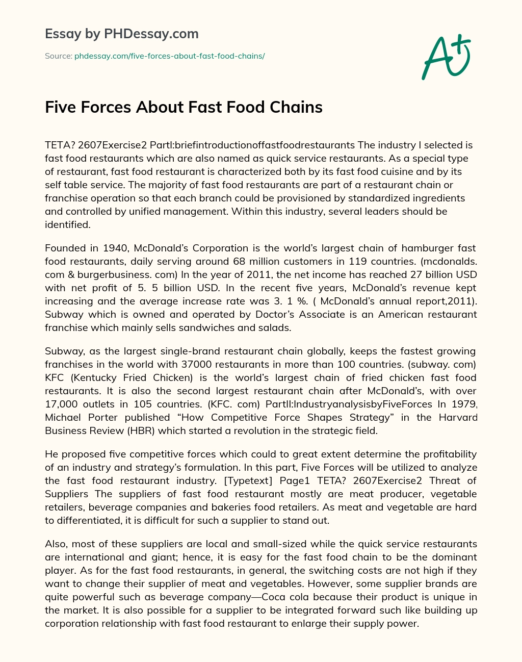 Five Forces About Fast Food Chains essay