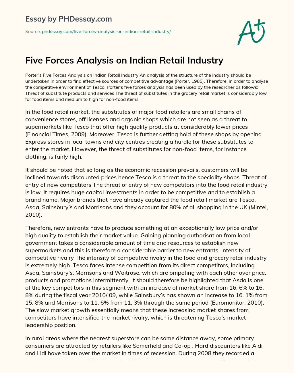 Five Forces Analysis on Indian Retail Industry essay