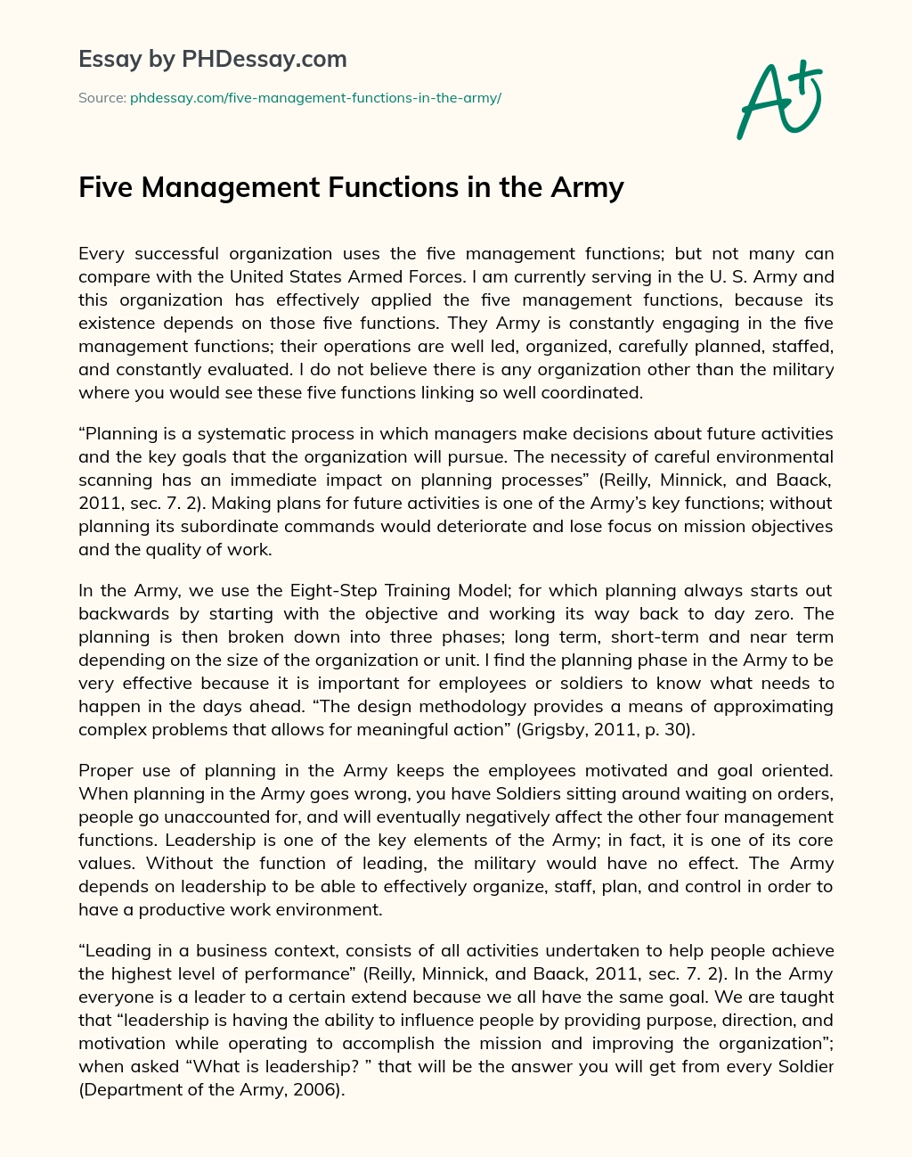 Five Management Functions in the Army essay