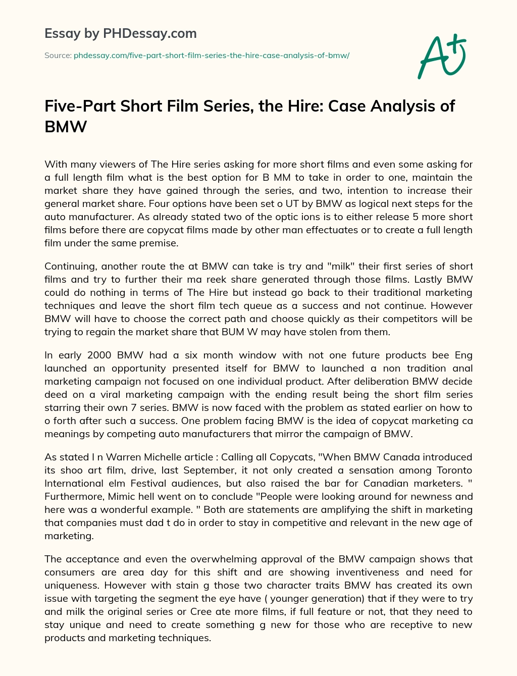 Five-Part Short Film Series, the Hire: Case Analysis of BMW essay