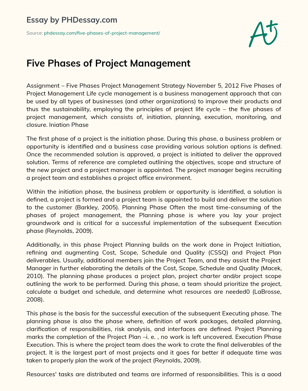 Five Phases of Project Management essay