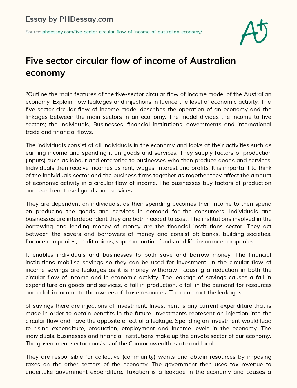 Five Sector Circular Flow of Income of Australian Economy essay