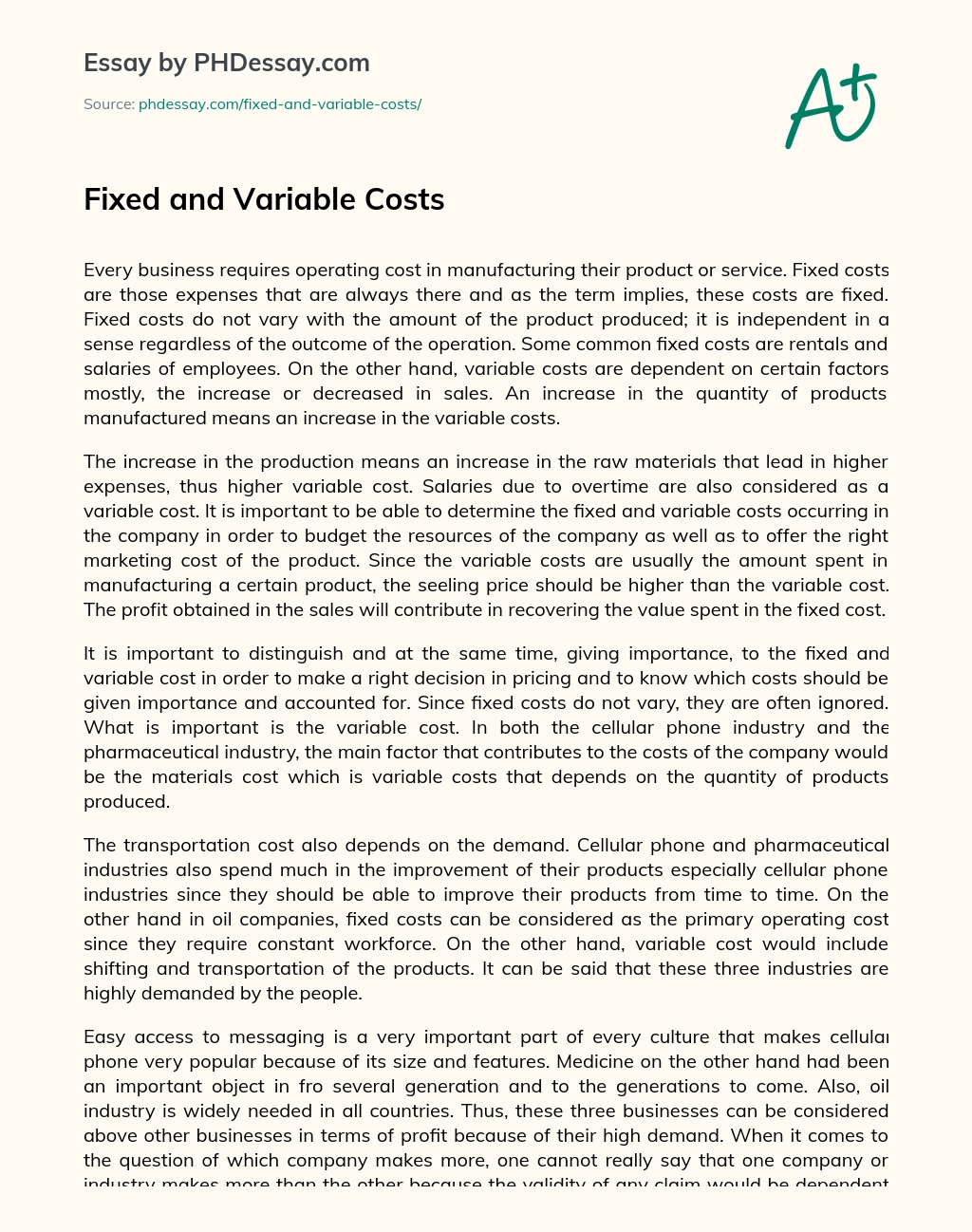Fixed and Variable Costs essay