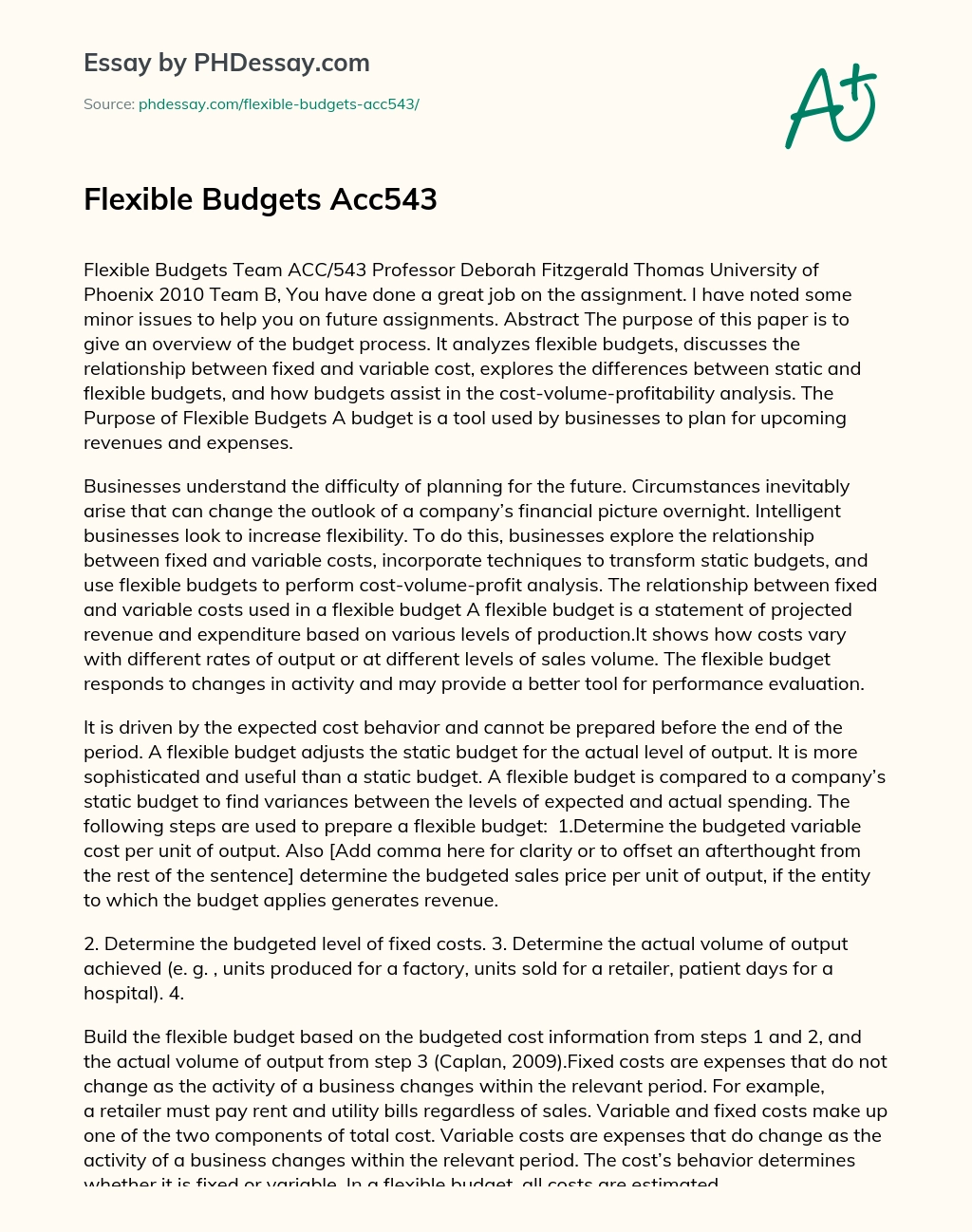 Flexible Budgets Acc543 essay