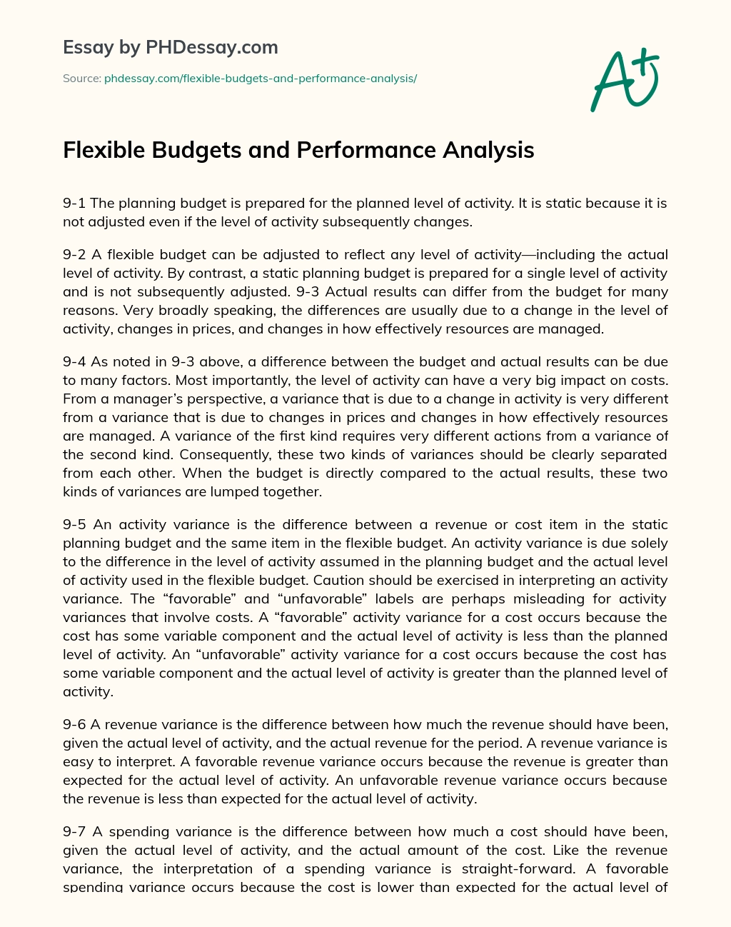 Flexible Budgets and Performance Analysis essay