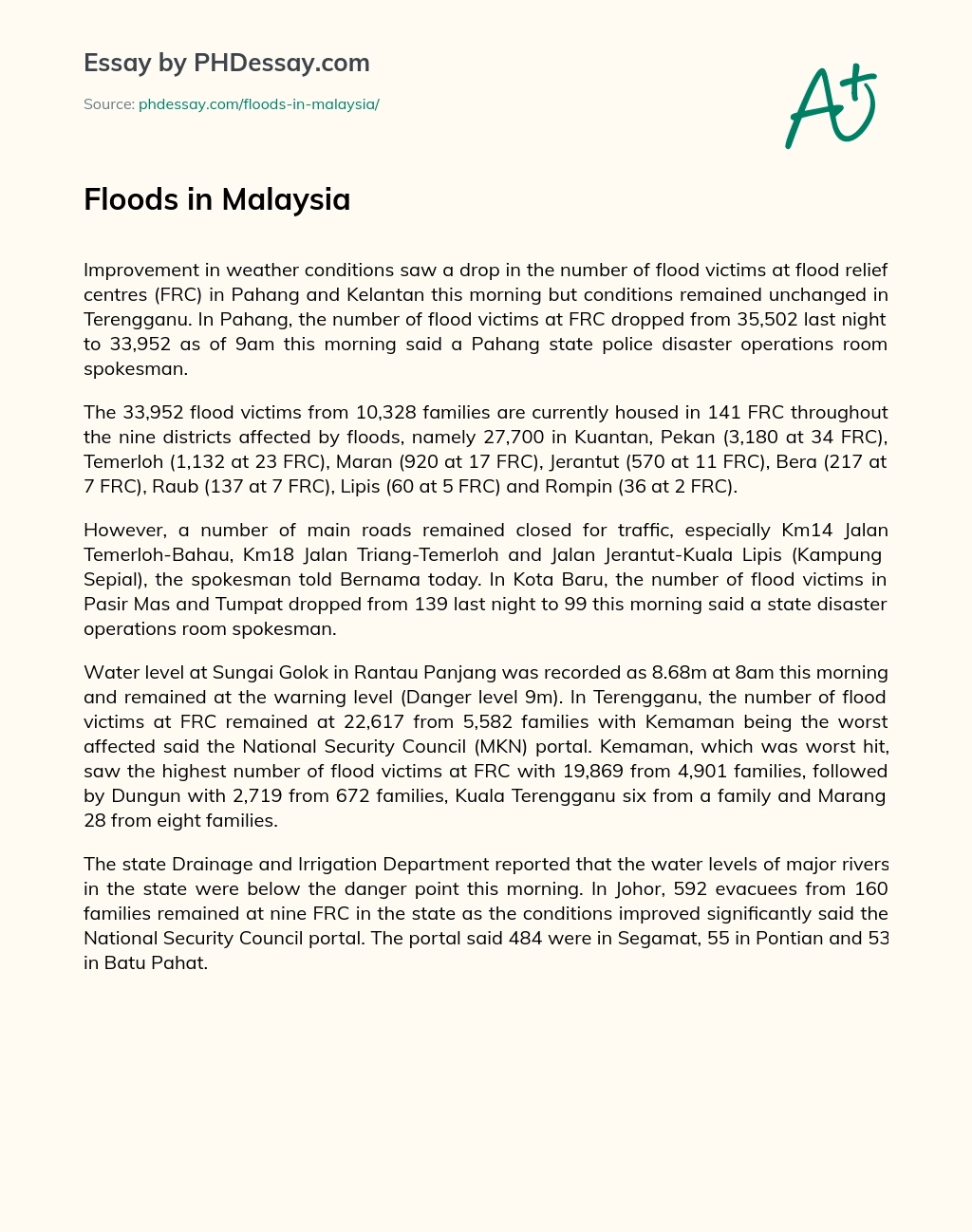 Floods in Malaysia essay