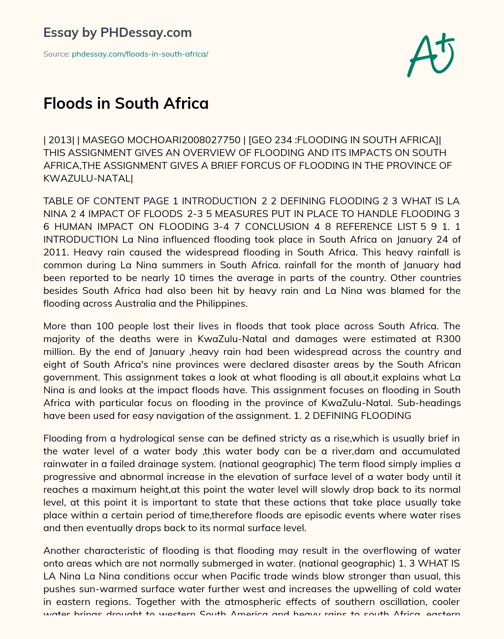 Floods in South Africa essay