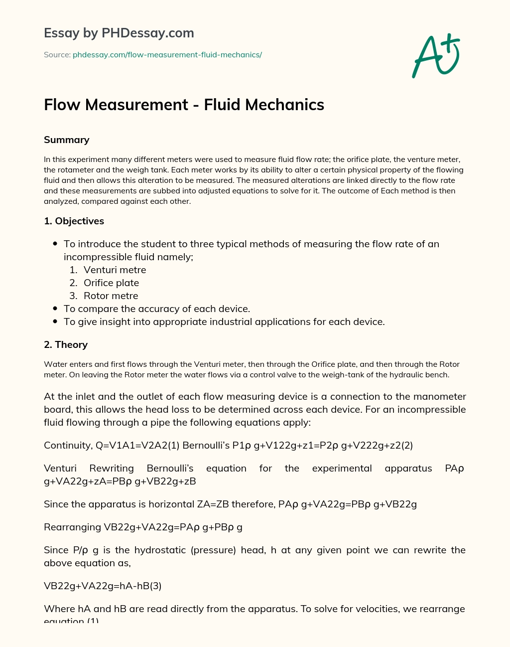 Flow Measurement – Fluid Mechanics essay