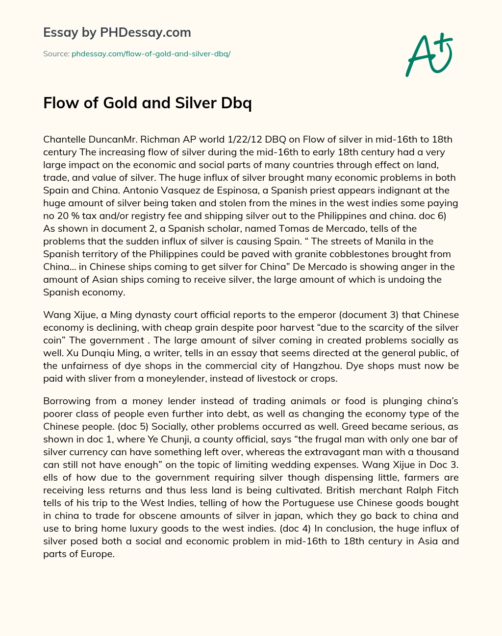 Flow of Gold and Silver Dbq essay