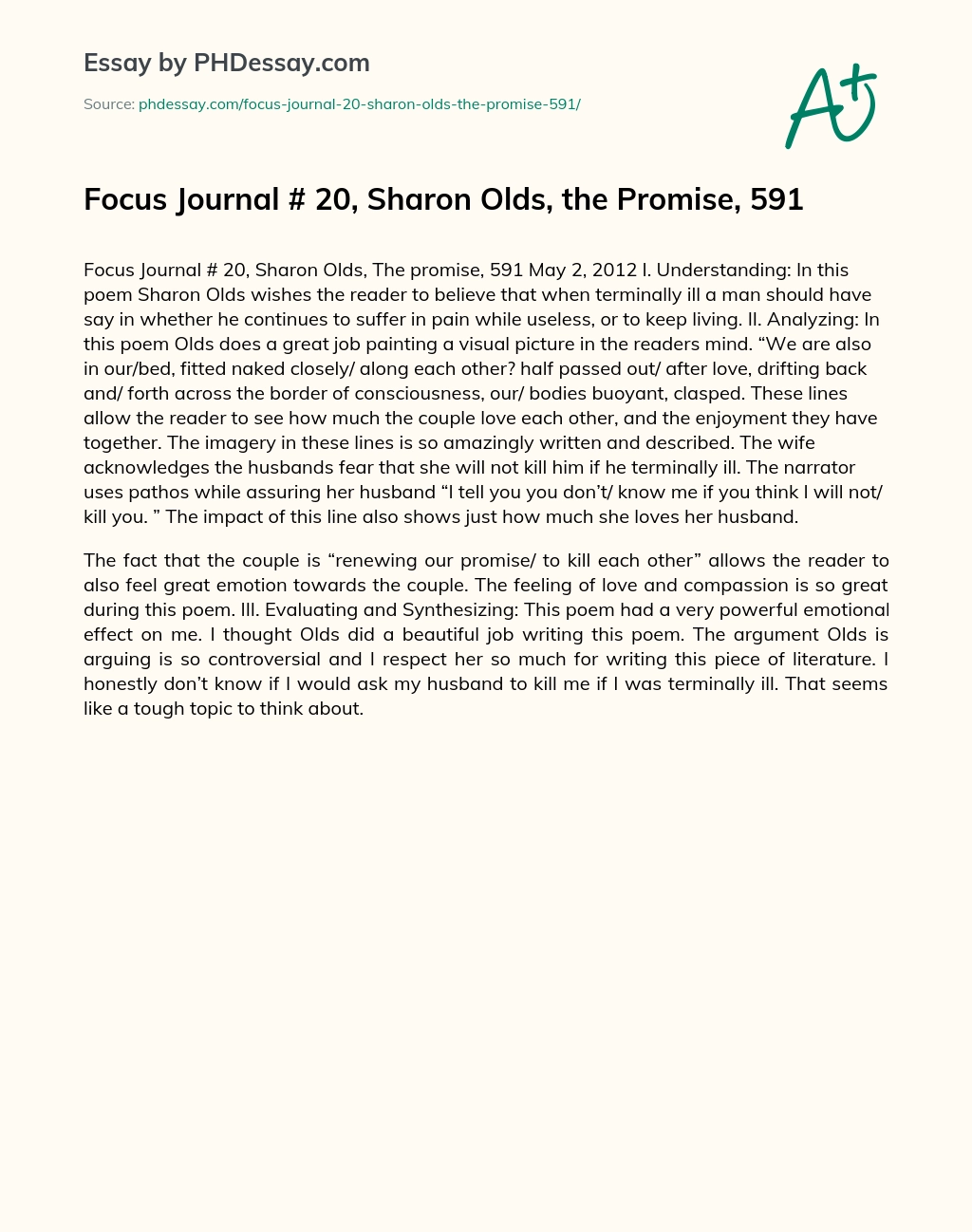 Focus Journal # 20, Sharon Olds, the Promise, 591 essay