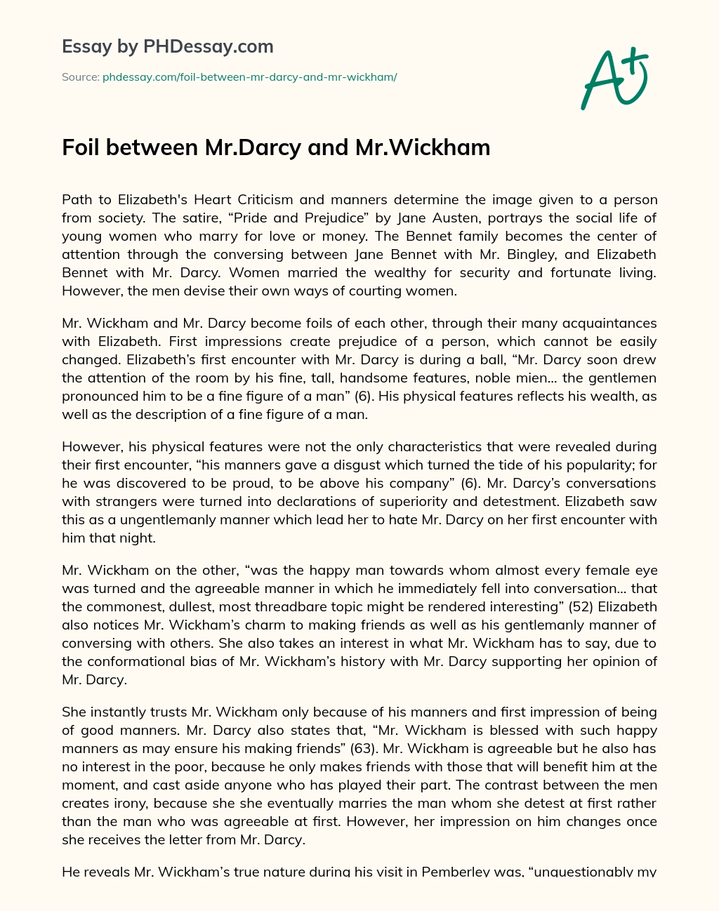 Foil between Mr.Darcy and Mr.Wickham essay
