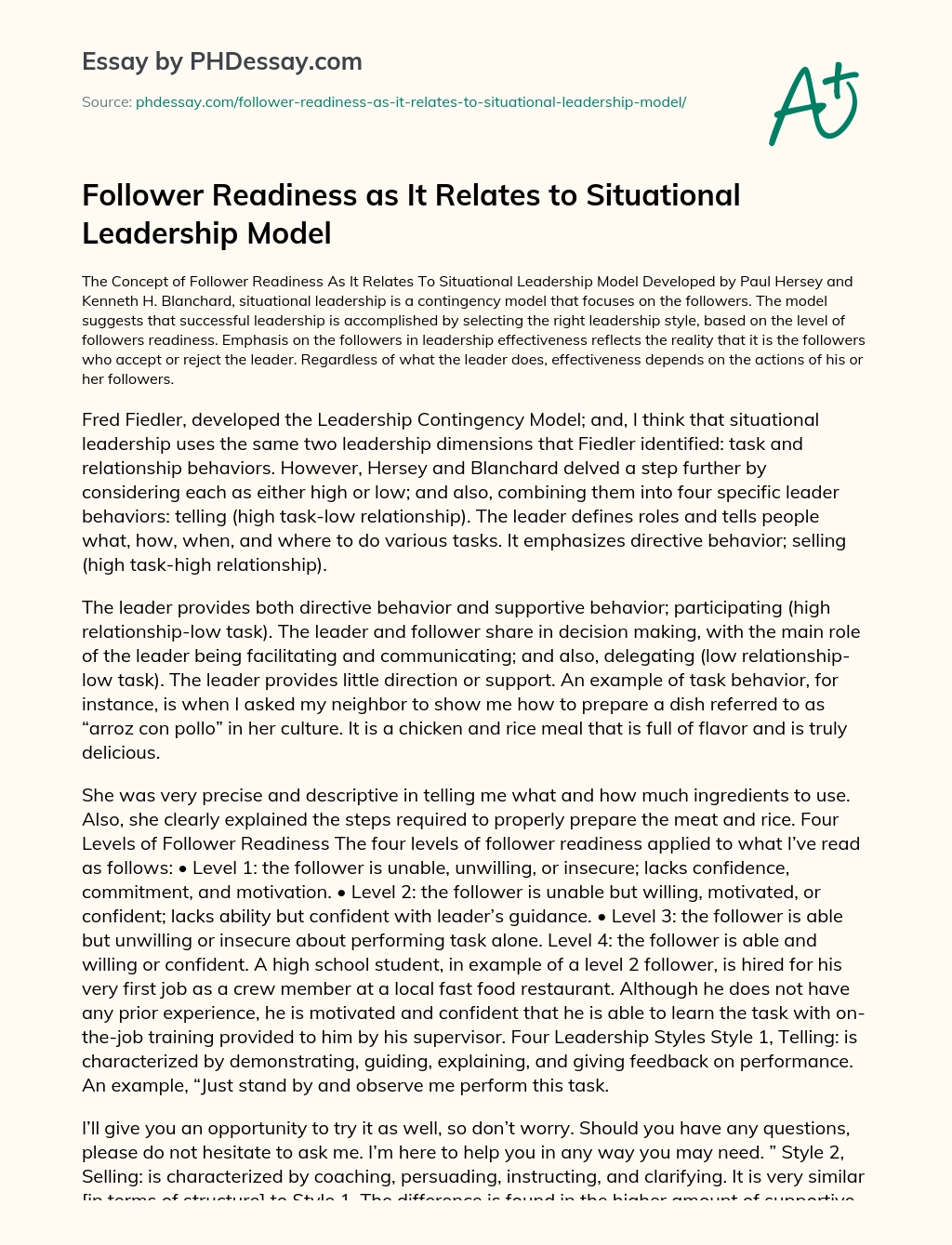 Follower Readiness as It Relates to Situational Leadership Model essay