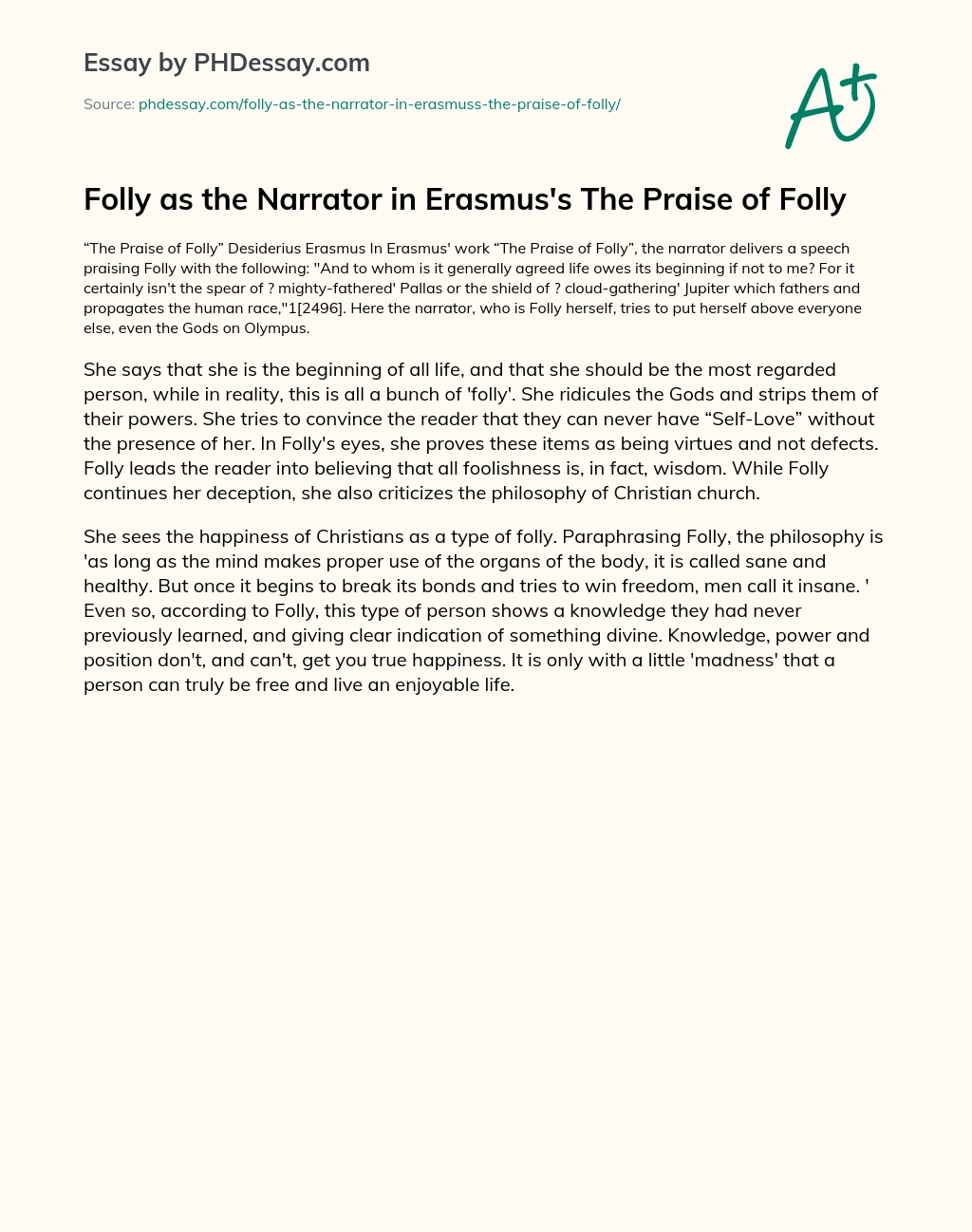 Folly as the Narrator in Erasmus’s The Praise of Folly essay