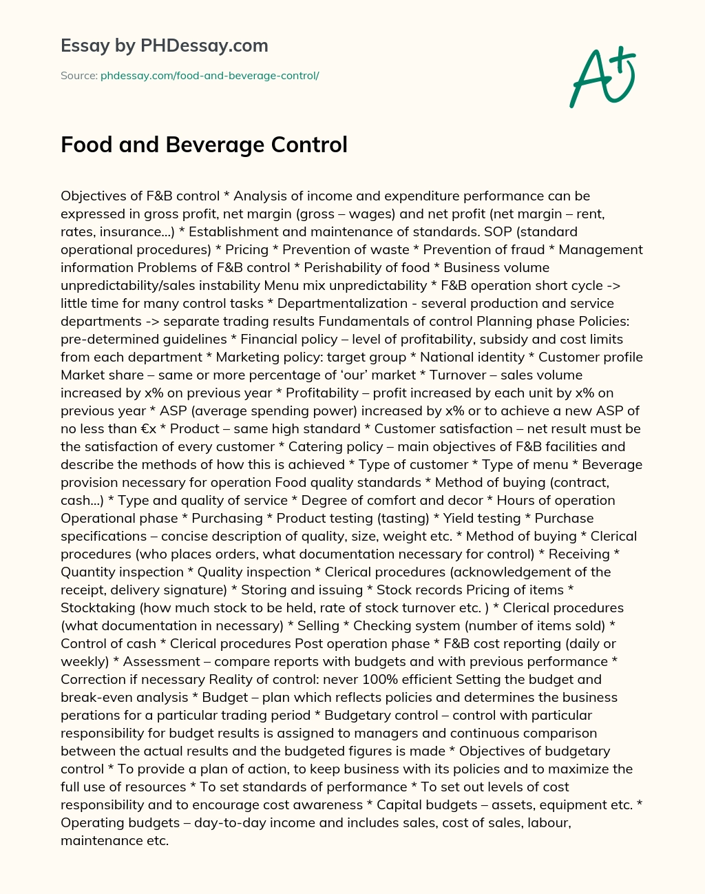 Food and Beverage Control essay