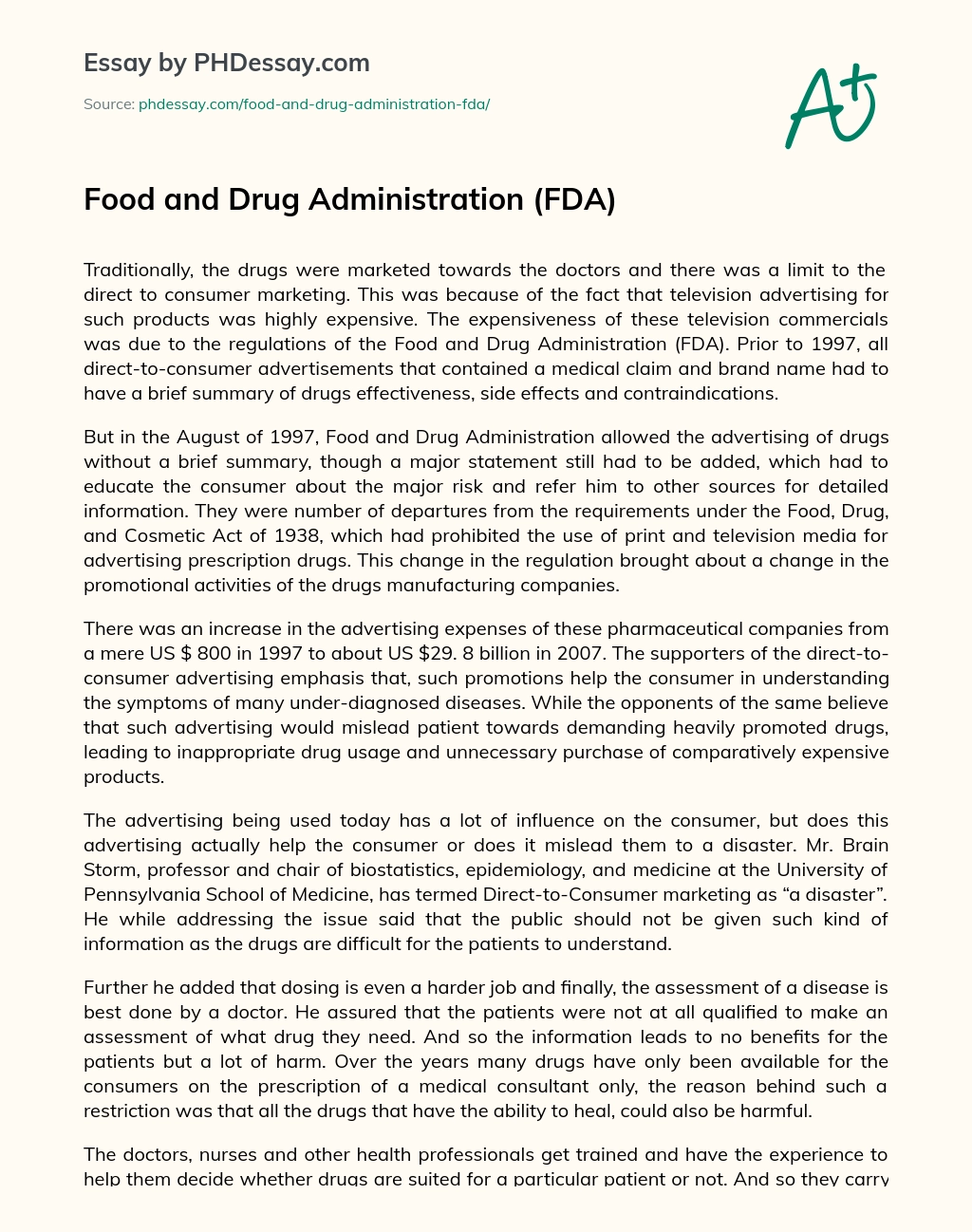 Food and Drug Administration (FDA) essay