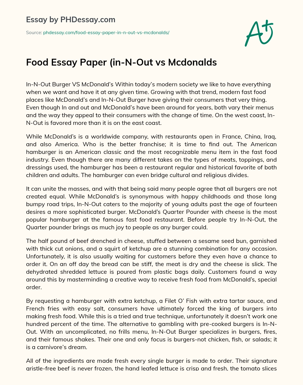 Food Essay Paper (in-N-Out vs Mcdonalds essay